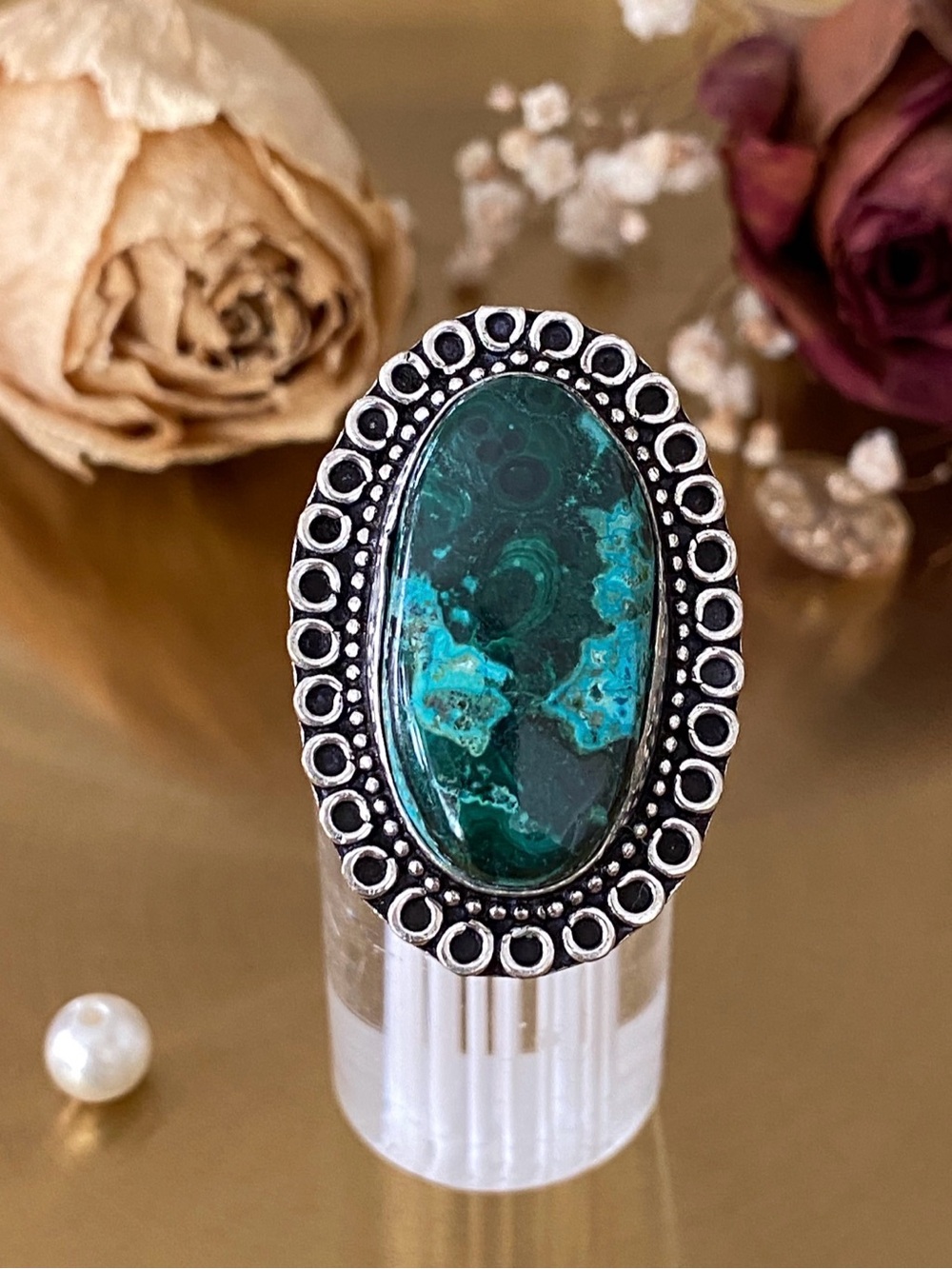 Azurite In Malachite Handcrafted Oval Ring Size 7.5